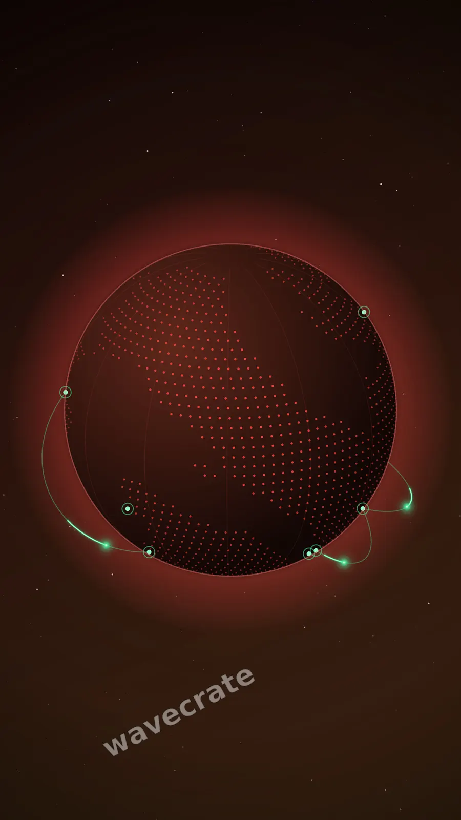 Shows a turning dotted globe with data arcs linking cities around the world. A portrait 4K still from the film "3D Printing: Form" about 3d printing, rendered from the scene code at full resolution.